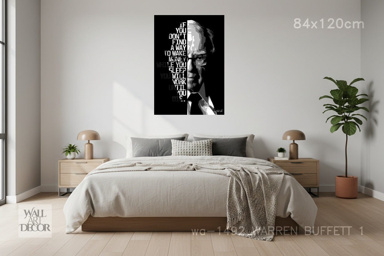 Wealth Wisdom: Warren Buffett Half-Face Typographic – Modern Frameless Wall Art