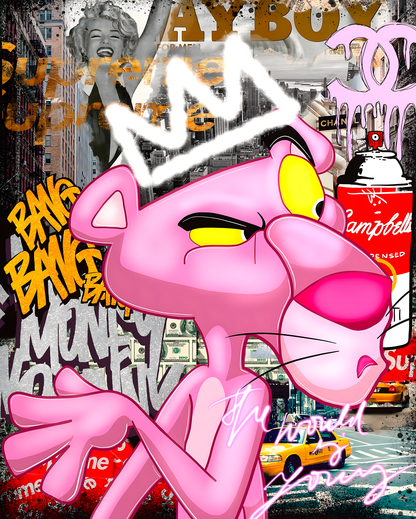 Crown of the Streets: Pink Panther Urban Graffiti – Modern Frameless Wall Art