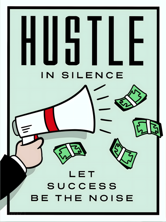 Hustle in Silence: Monopoly Motivational Art – Modern Frameless Wall Art