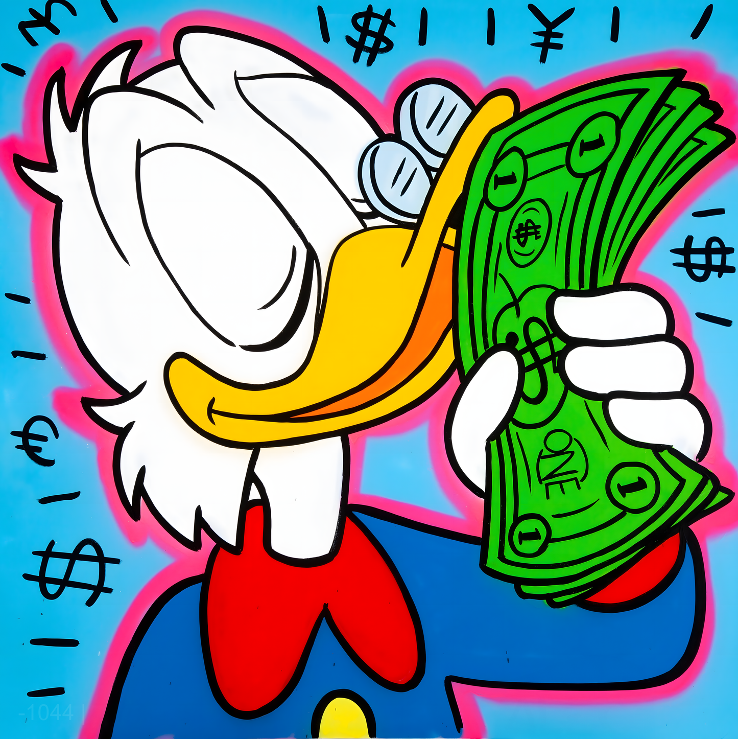 Wealth & Wit: Scrooge McDuck Currency Pop Art – Modern Frameless Wall Art