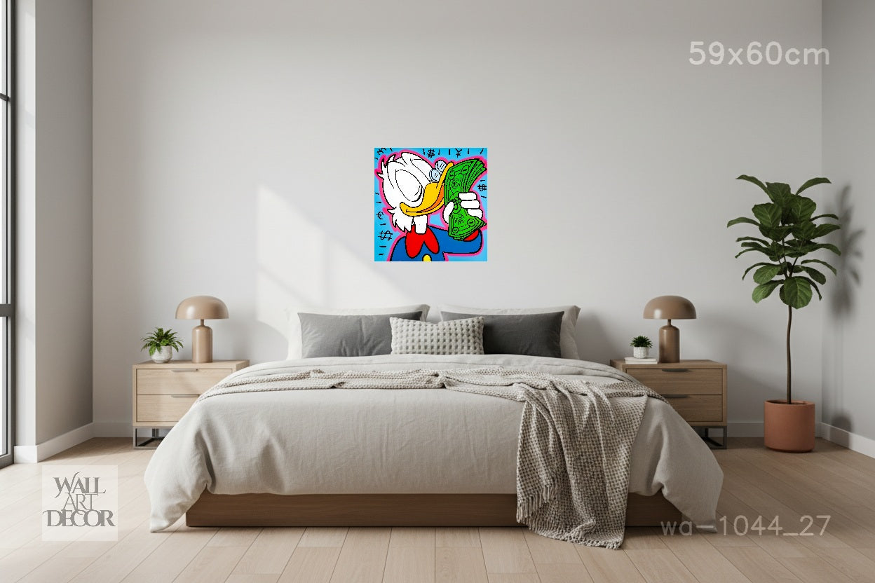 Wealth & Wit: Scrooge McDuck Currency Pop Art – Modern Frameless Wall Art
