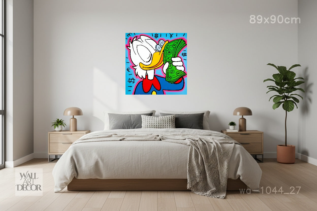 Wealth & Wit: Scrooge McDuck Currency Pop Art – Modern Frameless Wall Art