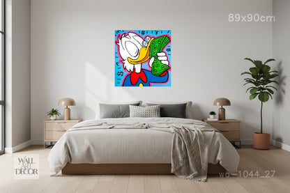 Wealth & Wit: Scrooge McDuck Currency Pop Art – Modern Frameless Wall Art