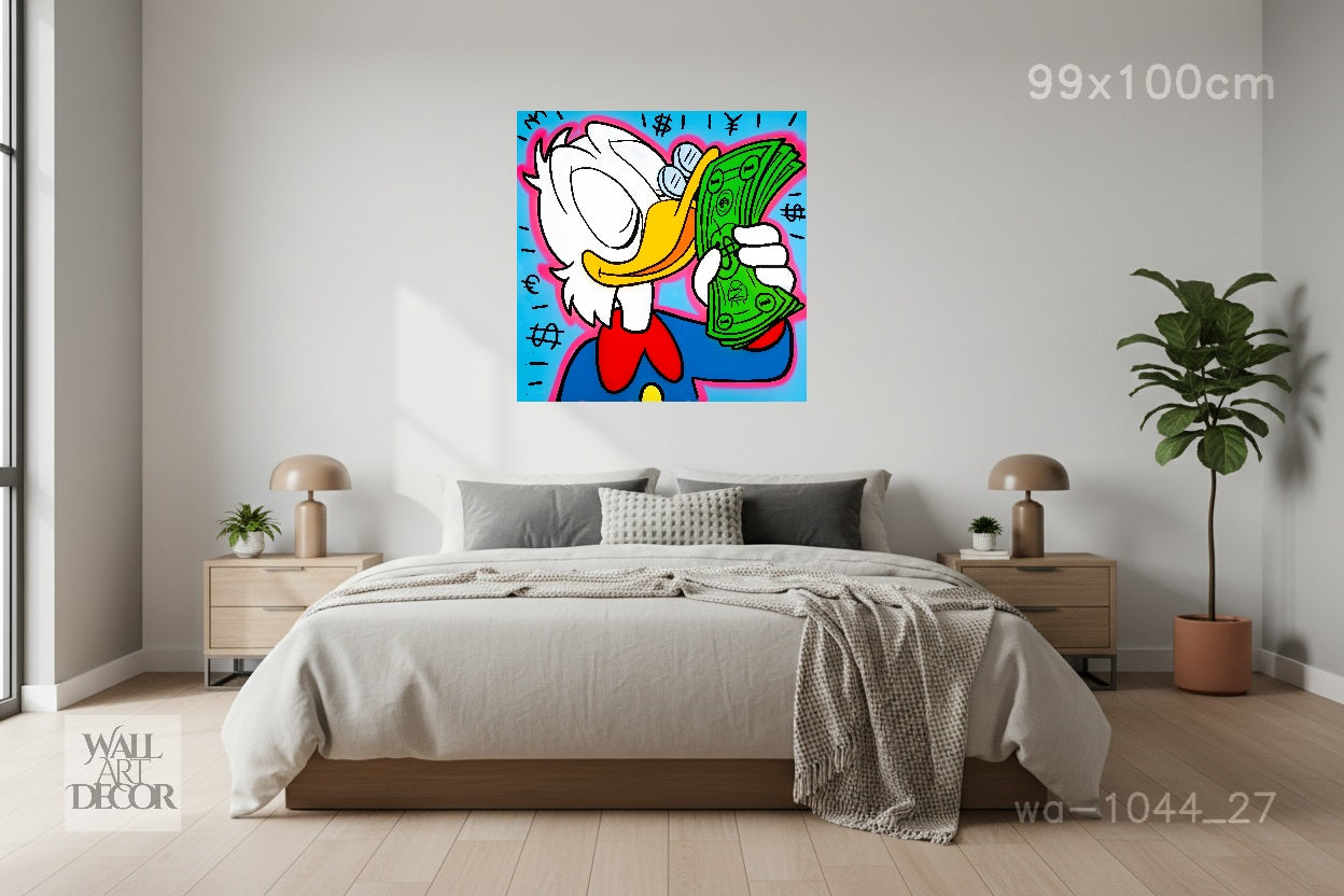 Wealth & Wit: Scrooge McDuck Currency Pop Art – Modern Frameless Wall Art