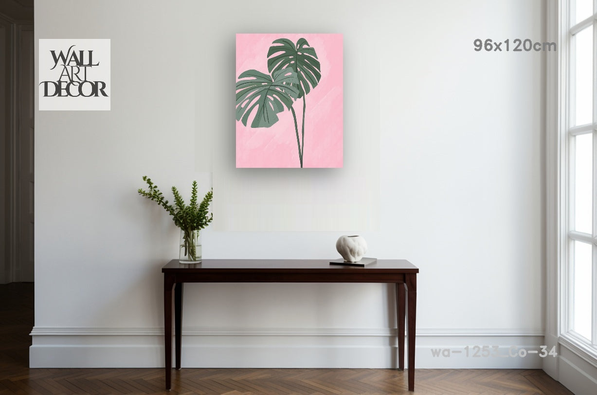 Tropical Blush: Monstera Leaves – Modern Frameless Wall Art