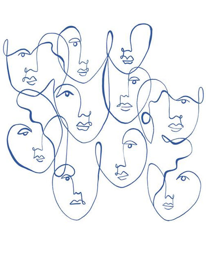 Ethereal Expressions: Blue One-Line Face Art – Modern Frameless Wall Art