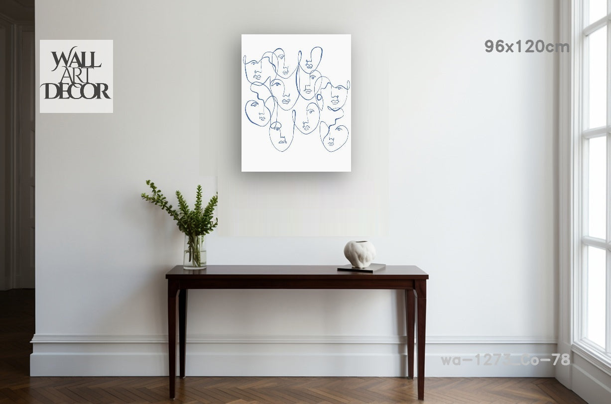 Ethereal Expressions: Blue One-Line Face Art – Modern Frameless Wall Art