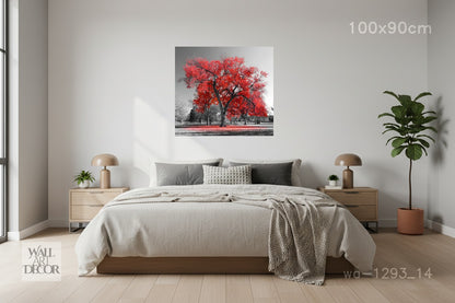 Crimson Spirit: Red Autumn Tree Selective Color – Modern Frameless Wall Art