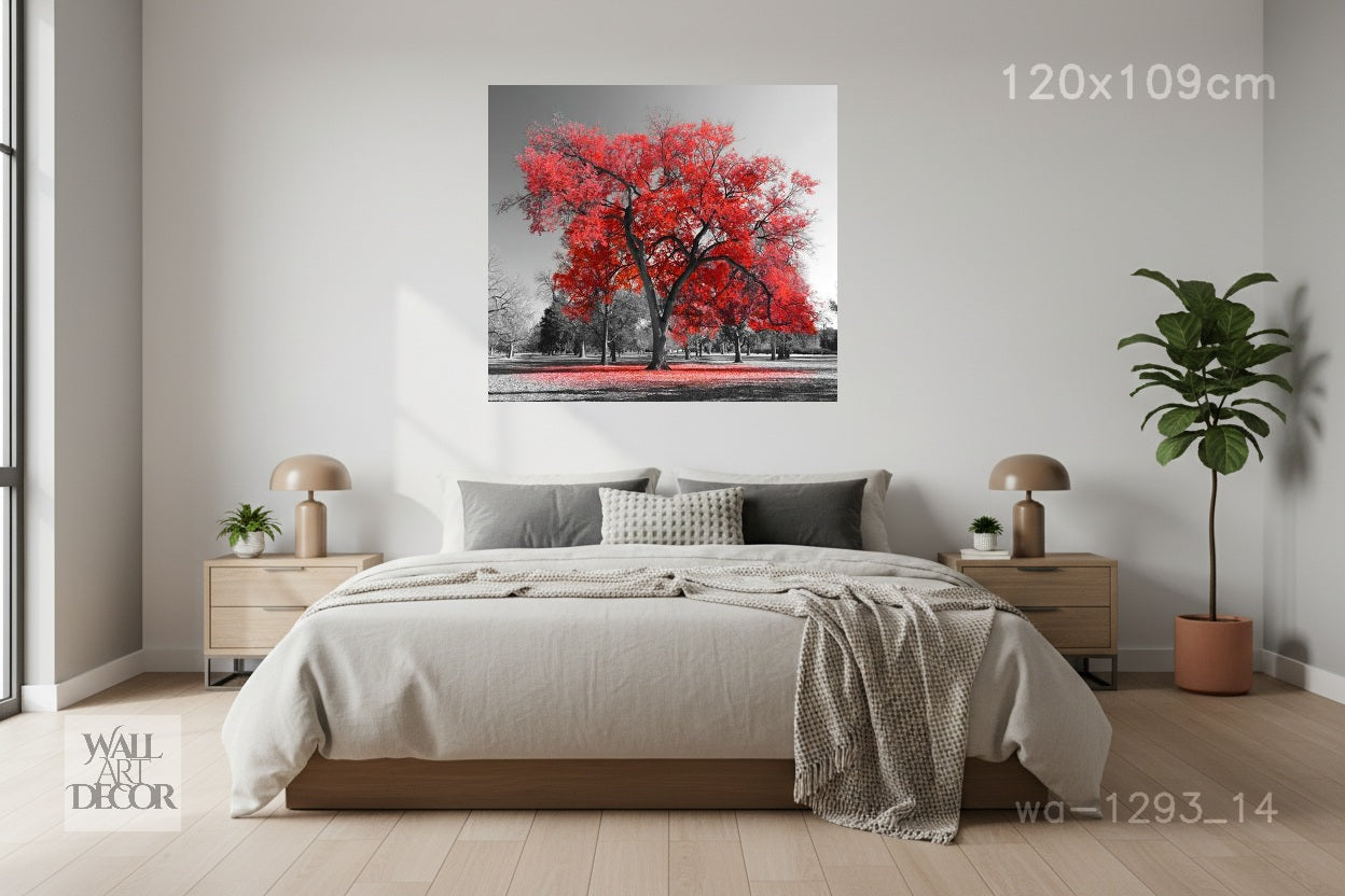 Crimson Spirit: Red Autumn Tree Selective Color – Modern Frameless Wall Art