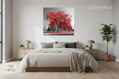 Crimson Spirit: Red Autumn Tree Selective Color – Modern Frameless Wall Art