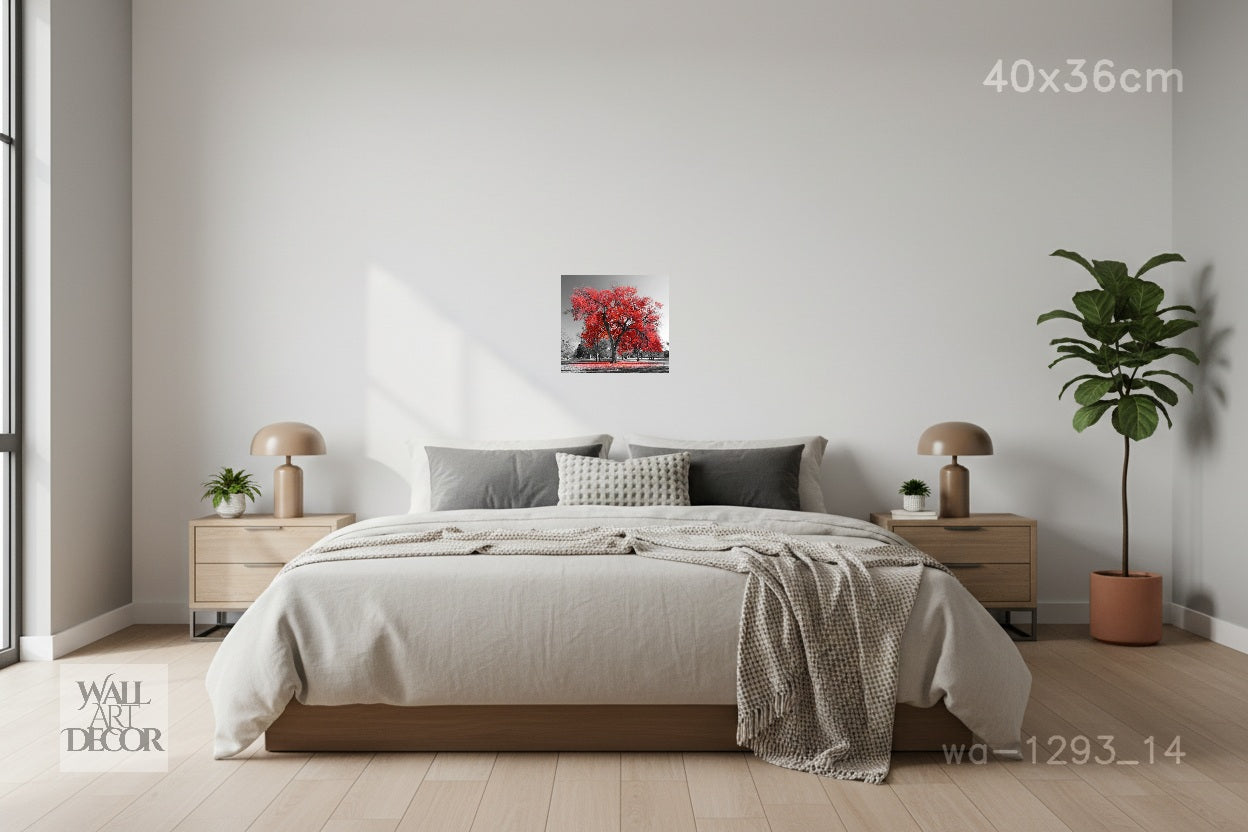 Crimson Spirit: Red Autumn Tree Selective Color – Modern Frameless Wall Art