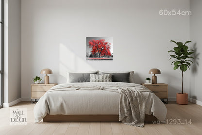 Crimson Spirit: Red Autumn Tree Selective Color – Modern Frameless Wall Art