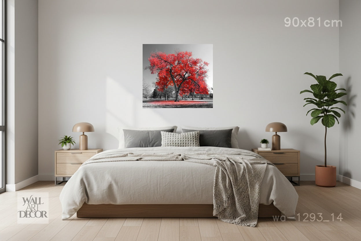 Crimson Spirit: Red Autumn Tree Selective Color – Modern Frameless Wall Art