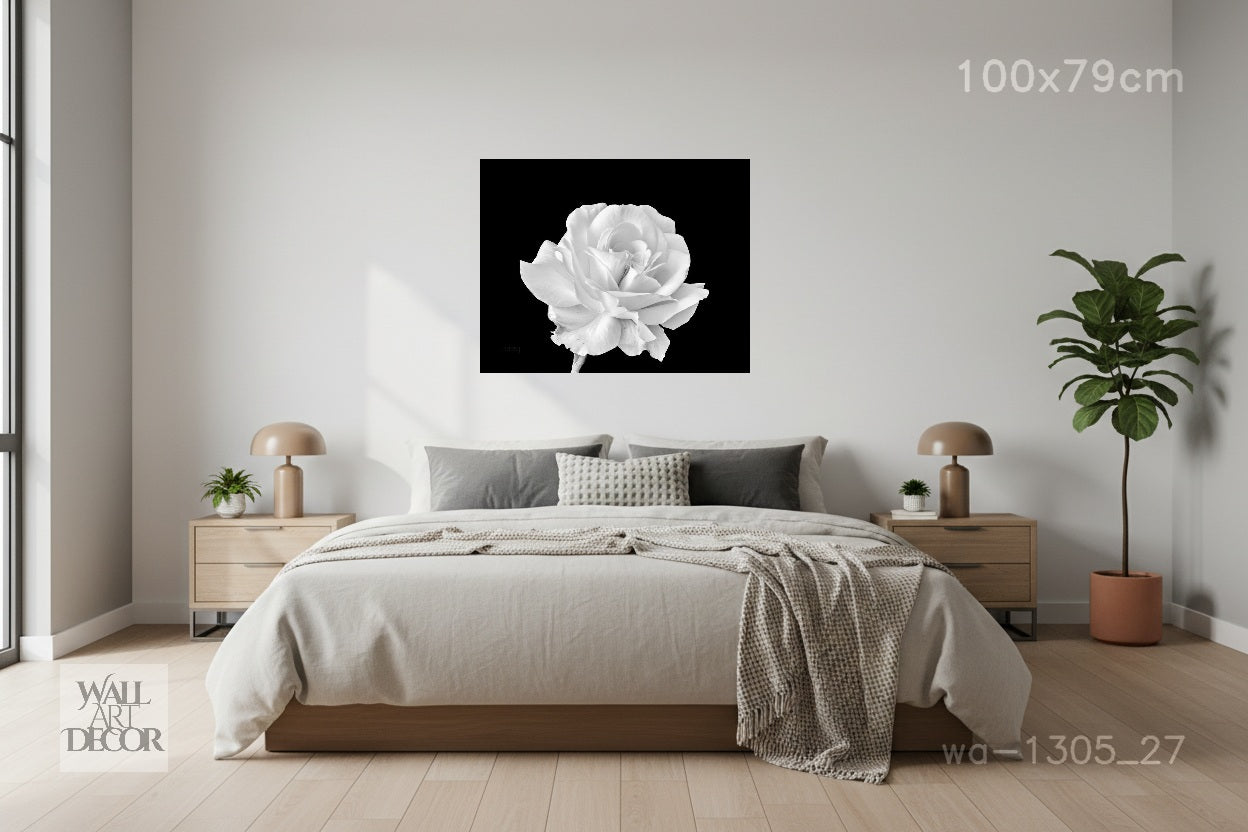 Monochrome Bloom: White Rose on Obsidian – Modern Frameless Wall Art