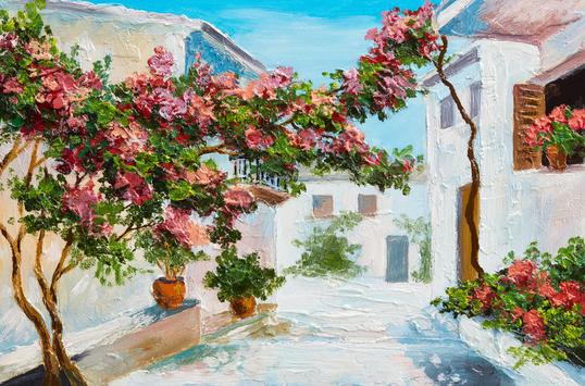 Mediterranean Bloom: Bougainvillea Courtyard – Modern Frameless Wall Art