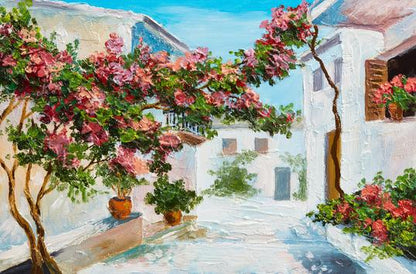 Mediterranean Bloom: Bougainvillea Courtyard – Modern Frameless Wall Art