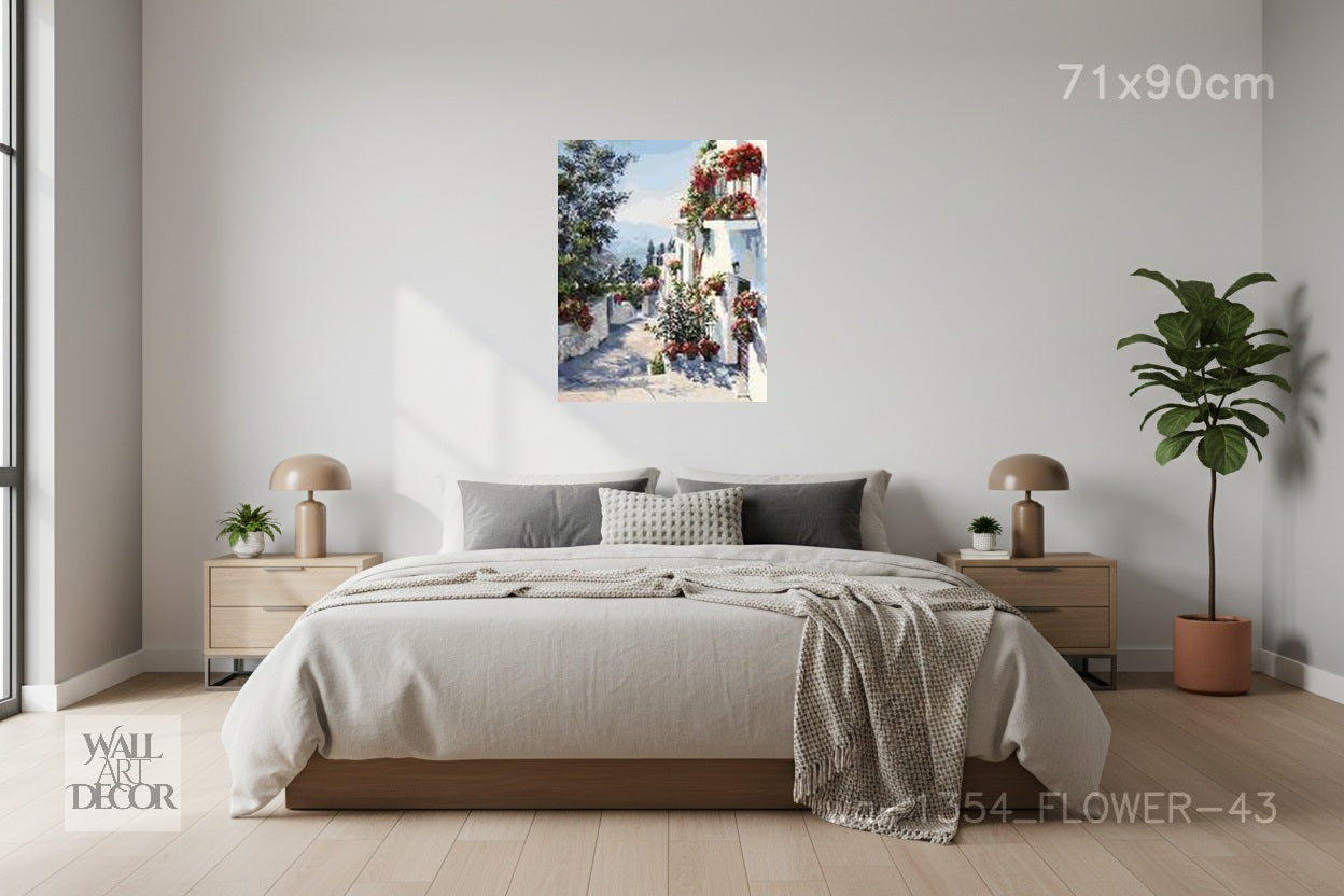 Azure Serenity: Sun-Drenched Mediterranean Path – Modern Frameless Wall Art