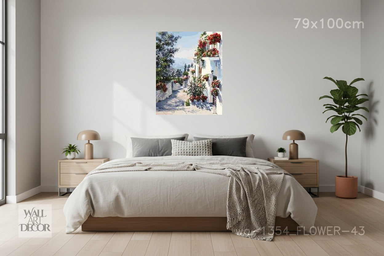 Azure Serenity: Sun-Drenched Mediterranean Path – Modern Frameless Wall Art