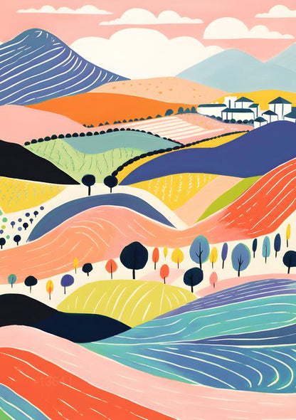 Pastel Horizons: Whimsical Rolling Hills – Modern Frameless Wall Art