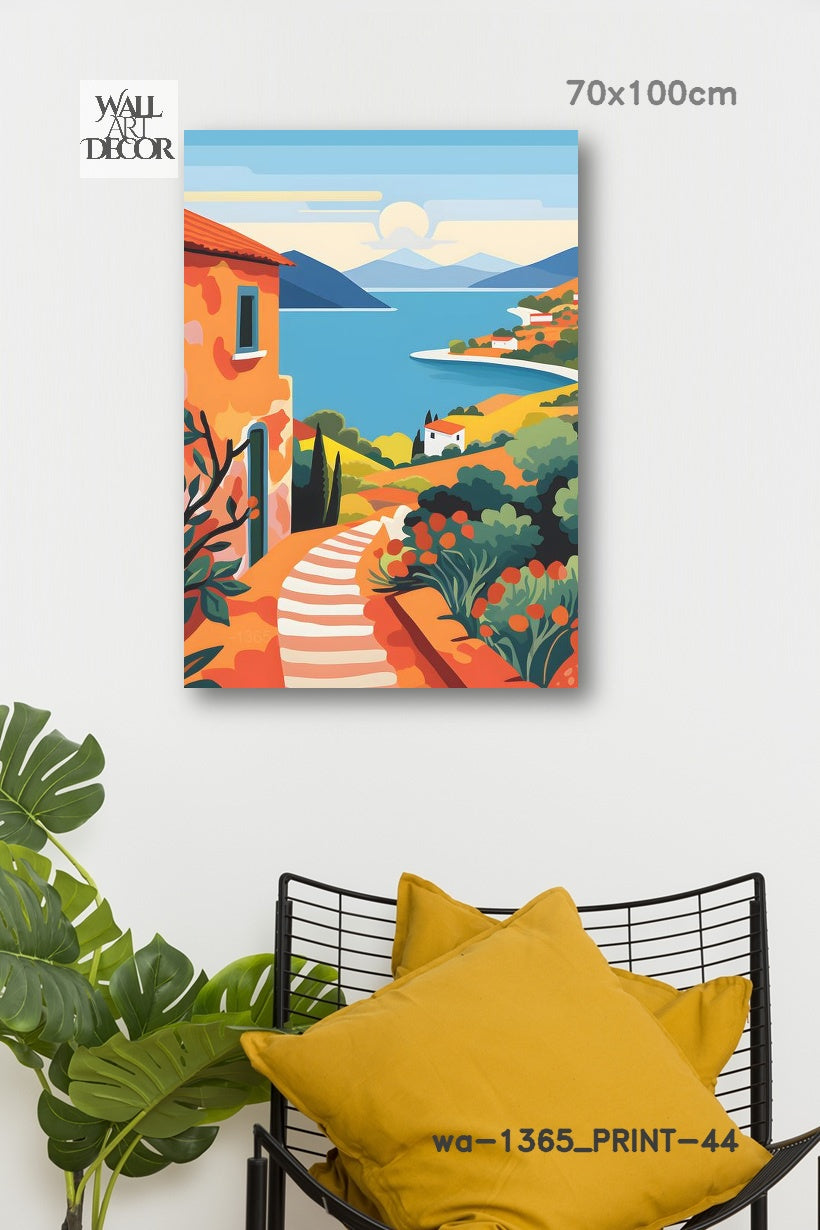 Azure Escape: Sun-Drenched Mediterranean Path – Modern Frameless Wall Art