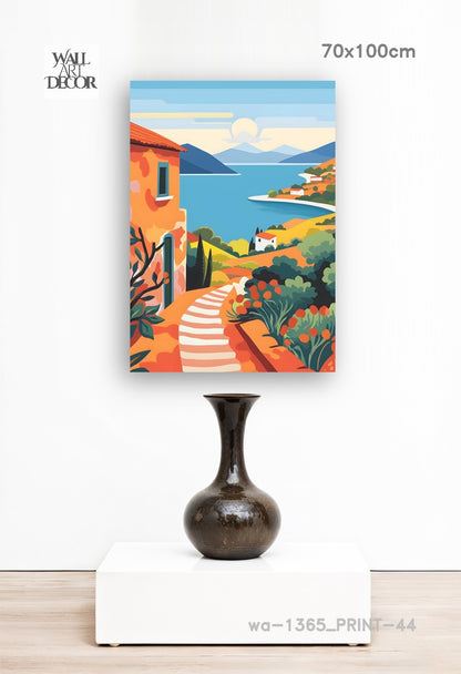 Azure Escape: Sun-Drenched Mediterranean Path – Modern Frameless Wall Art