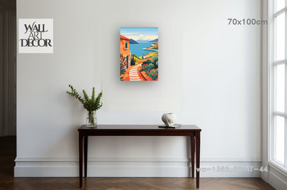 Azure Escape: Sun-Drenched Mediterranean Path – Modern Frameless Wall Art