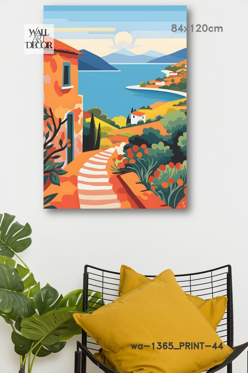 Azure Escape: Sun-Drenched Mediterranean Path – Modern Frameless Wall Art
