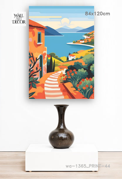 Azure Escape: Sun-Drenched Mediterranean Path – Modern Frameless Wall Art