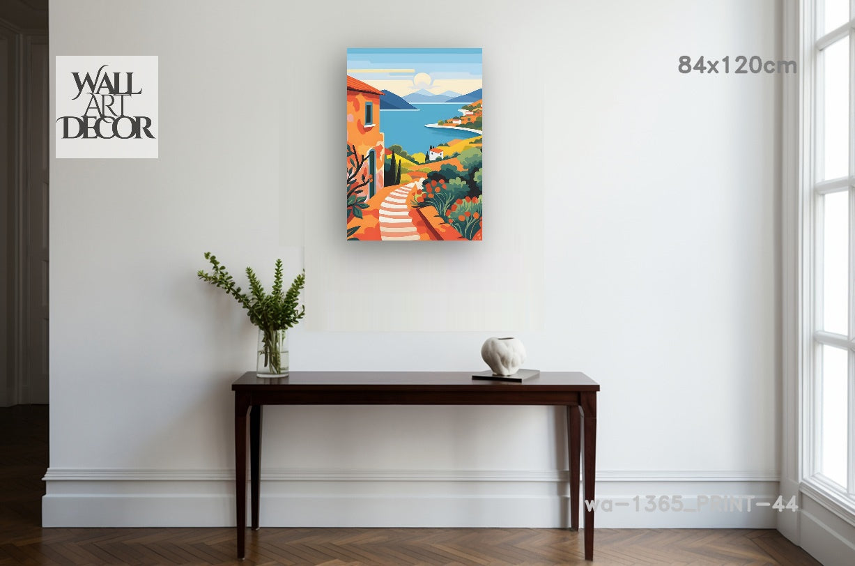 Azure Escape: Sun-Drenched Mediterranean Path – Modern Frameless Wall Art
