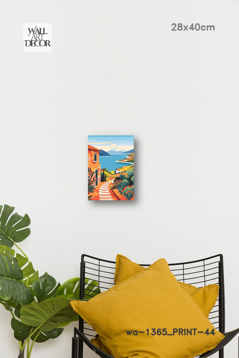 Azure Escape: Sun-Drenched Mediterranean Path – Modern Frameless Wall Art