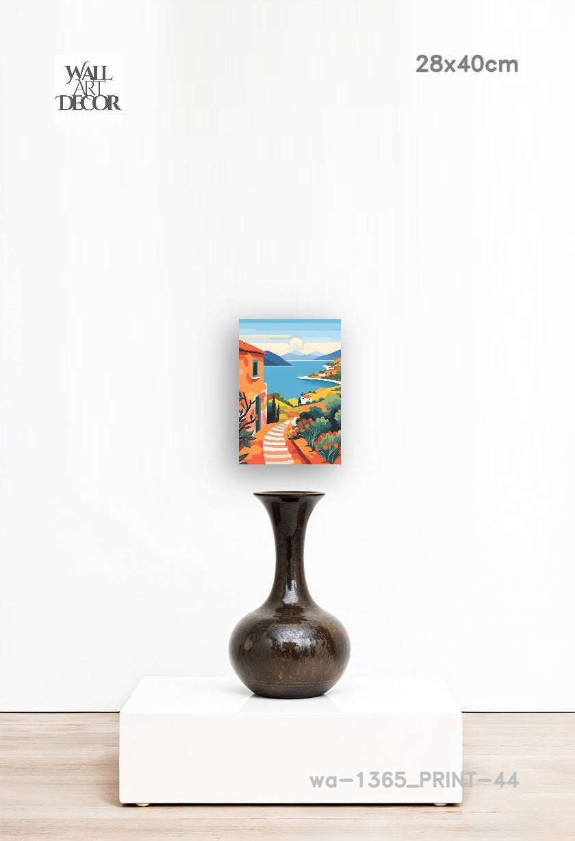 Azure Escape: Sun-Drenched Mediterranean Path – Modern Frameless Wall Art