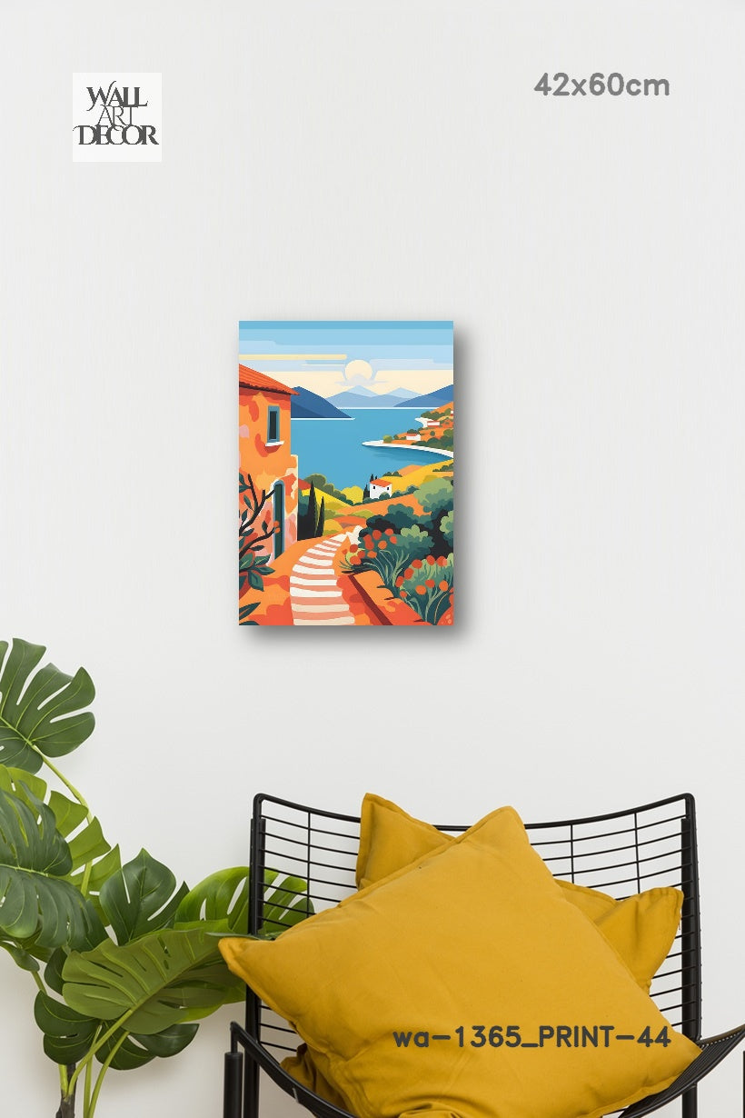 Azure Escape: Sun-Drenched Mediterranean Path – Modern Frameless Wall Art