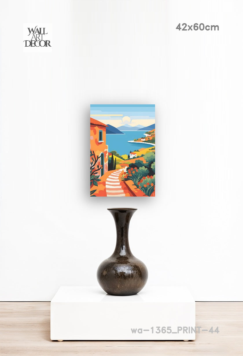 Azure Escape: Sun-Drenched Mediterranean Path – Modern Frameless Wall Art