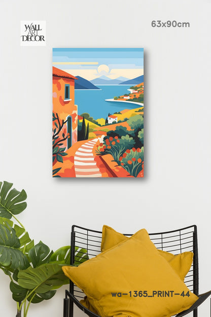Azure Escape: Sun-Drenched Mediterranean Path – Modern Frameless Wall Art