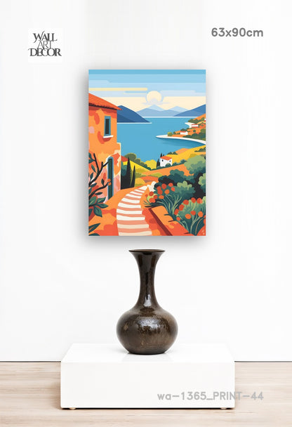 Azure Escape: Sun-Drenched Mediterranean Path – Modern Frameless Wall Art