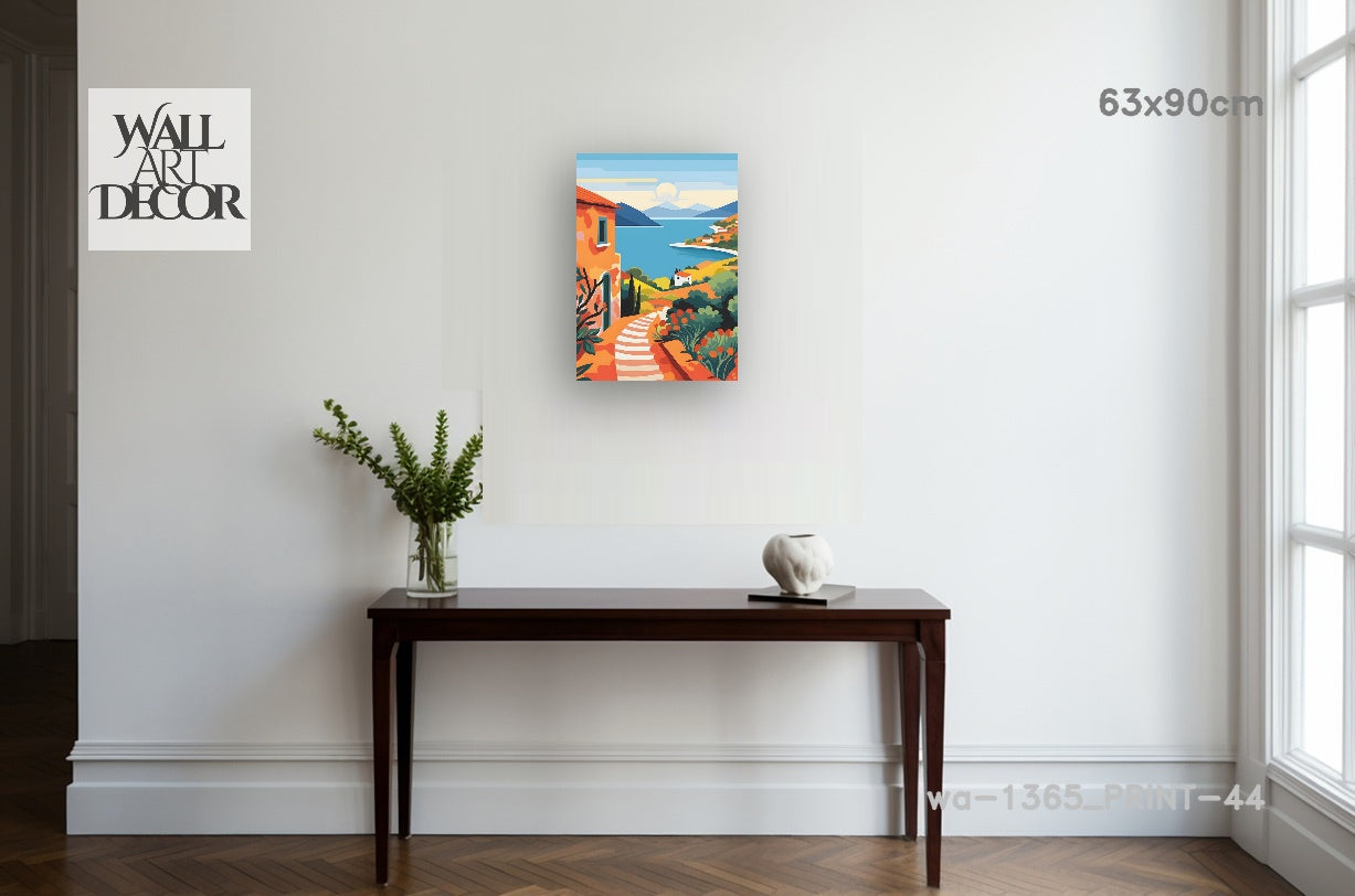 Azure Escape: Sun-Drenched Mediterranean Path – Modern Frameless Wall Art