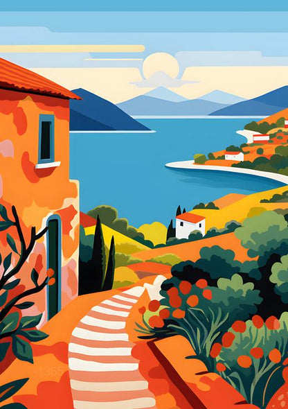 Azure Escape: Sun-Drenched Mediterranean Path – Modern Frameless Wall Art