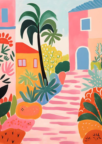 Azure Alley: Mediterranean Pink Bliss – Modern Frameless Wall Art