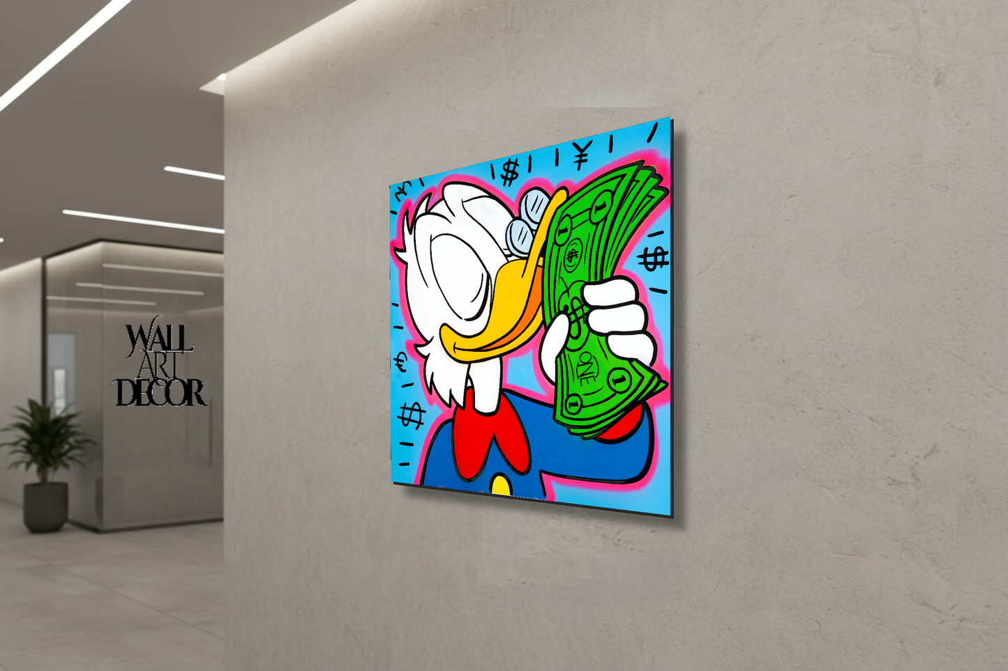 Wealth & Wit: Scrooge McDuck Currency Pop Art – Modern Frameless Wall Art