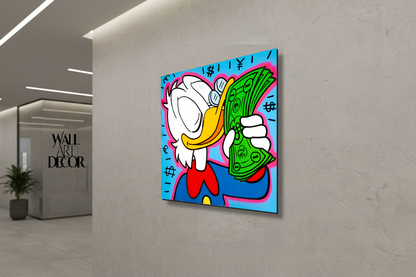 Wealth & Wit: Scrooge McDuck Currency Pop Art – Modern Frameless Wall Art