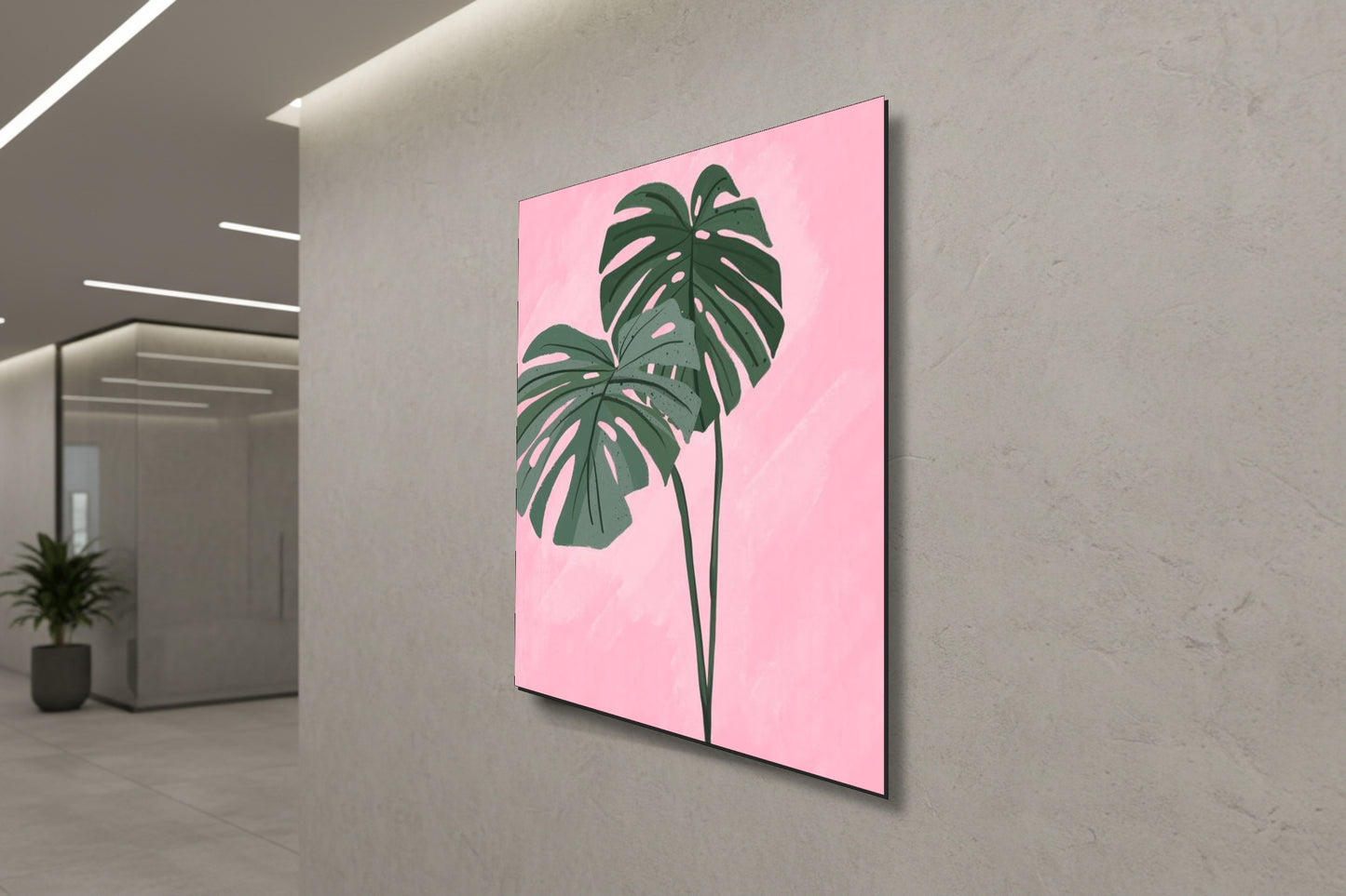 Tropical Blush: Monstera Leaves – Modern Frameless Wall Art