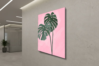 Tropical Blush: Monstera Leaves – Modern Frameless Wall Art