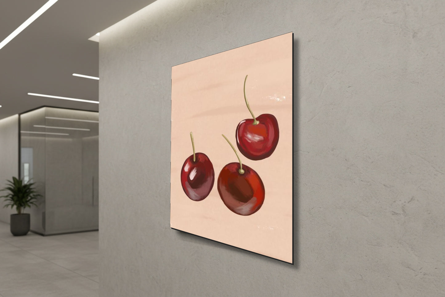 Botanical Harmony: Watercolor Red Cherries – Modern Frameless Wall Art
