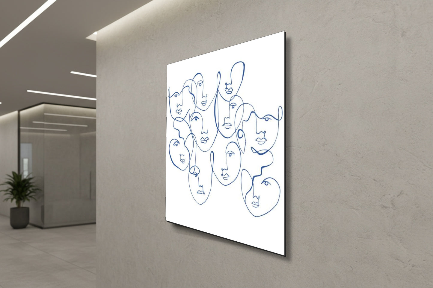 Ethereal Expressions: Blue One-Line Face Art – Modern Frameless Wall Art