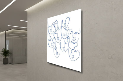 Ethereal Expressions: Blue One-Line Face Art – Modern Frameless Wall Art