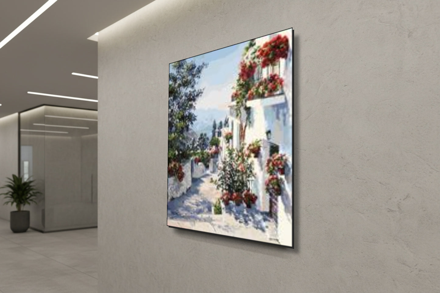 Azure Serenity: Sun-Drenched Mediterranean Path – Modern Frameless Wall Art