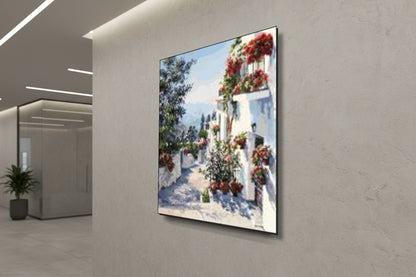 Azure Serenity: Sun-Drenched Mediterranean Path – Modern Frameless Wall Art