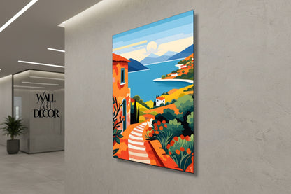Azure Escape: Sun-Drenched Mediterranean Path – Modern Frameless Wall Art